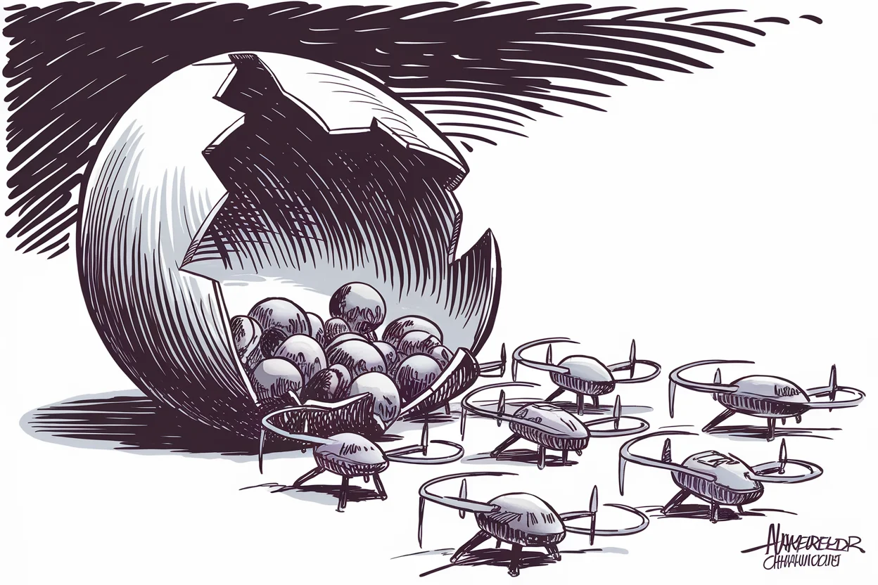 Editorial cartoon based on: Russia launches massive drone and missile assault on Ukrainian cities, killing at least 14