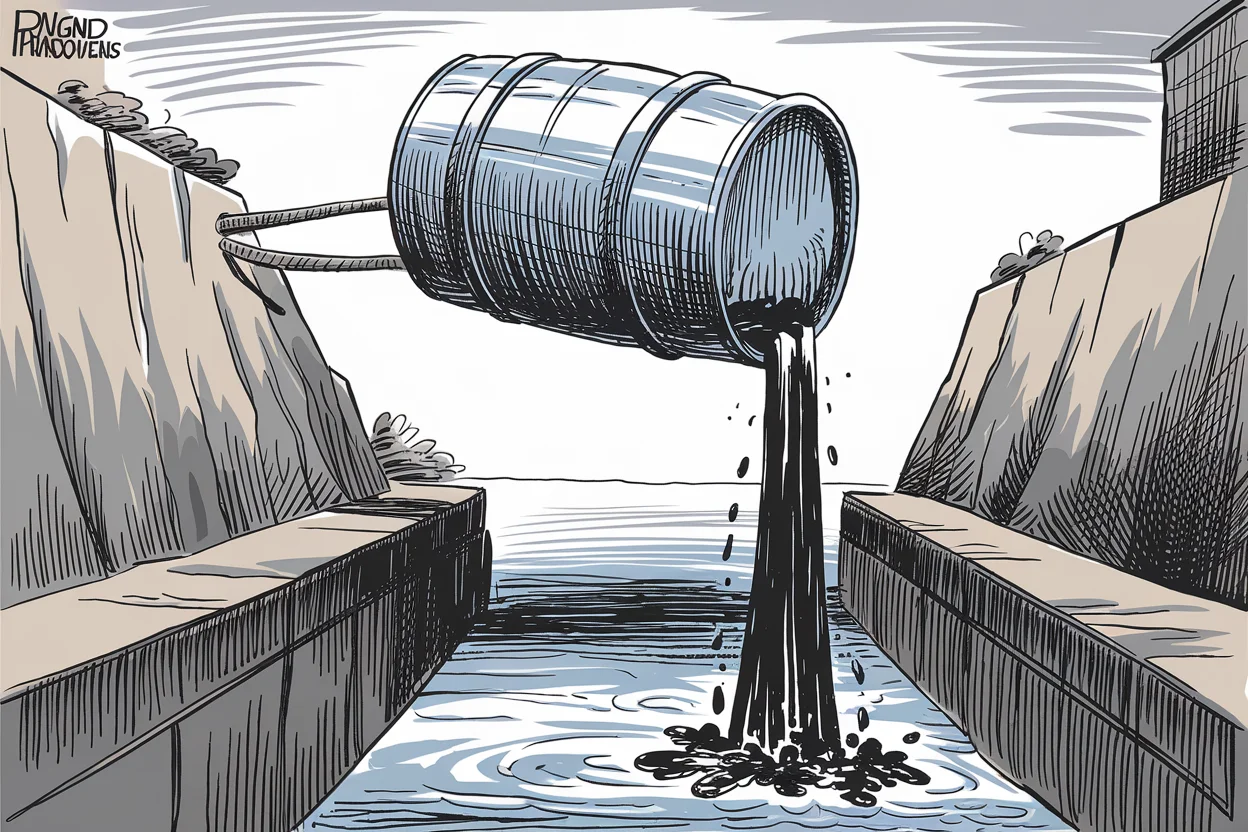 Editorial cartoon based on: Oil prices plunge more than 10% as Strait of Hormuz reopens amid US-Iran ceasefire