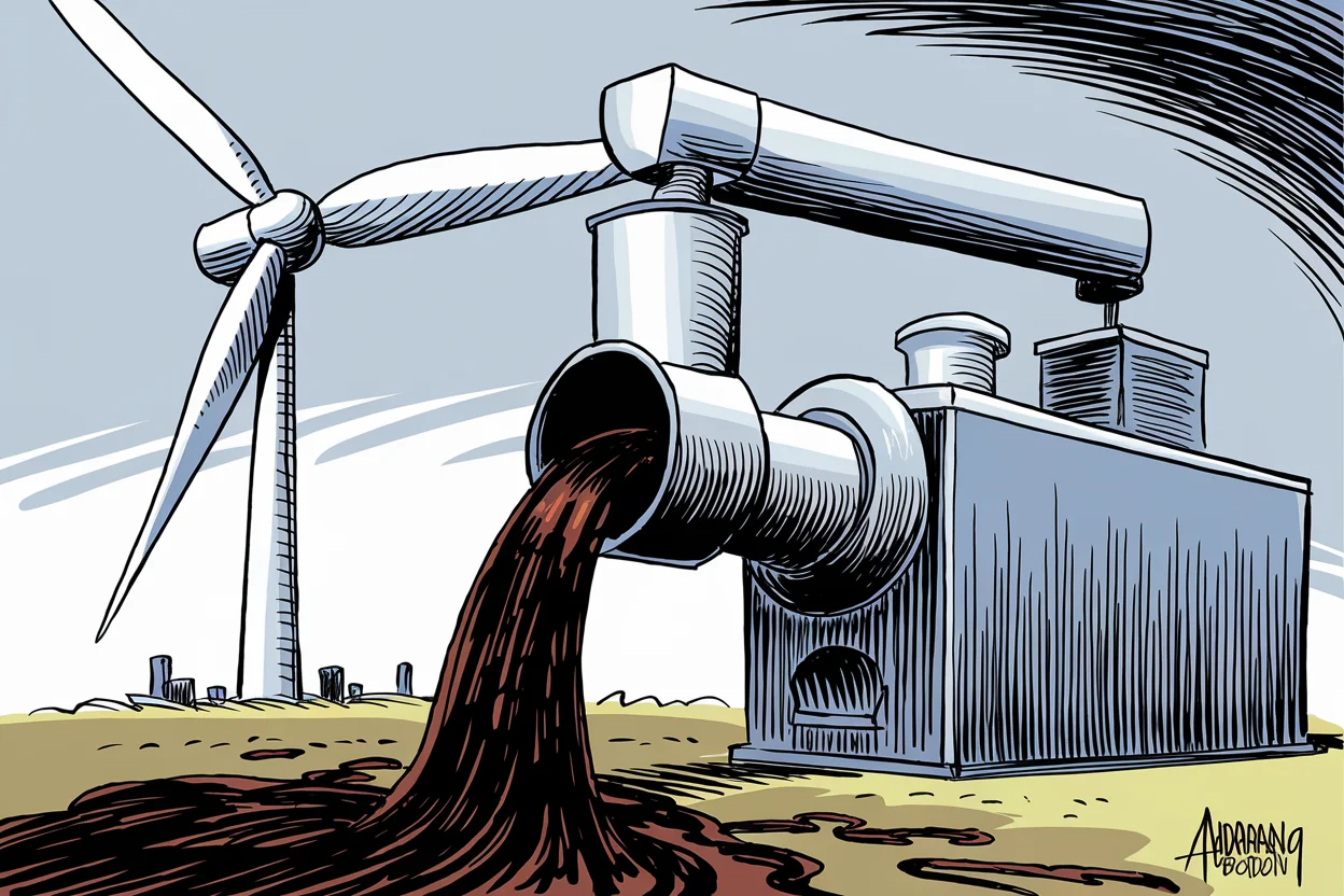 Editorial cartoon based on: Trump administration pays companies to cancel wind projects and redirect funds to oil and gas