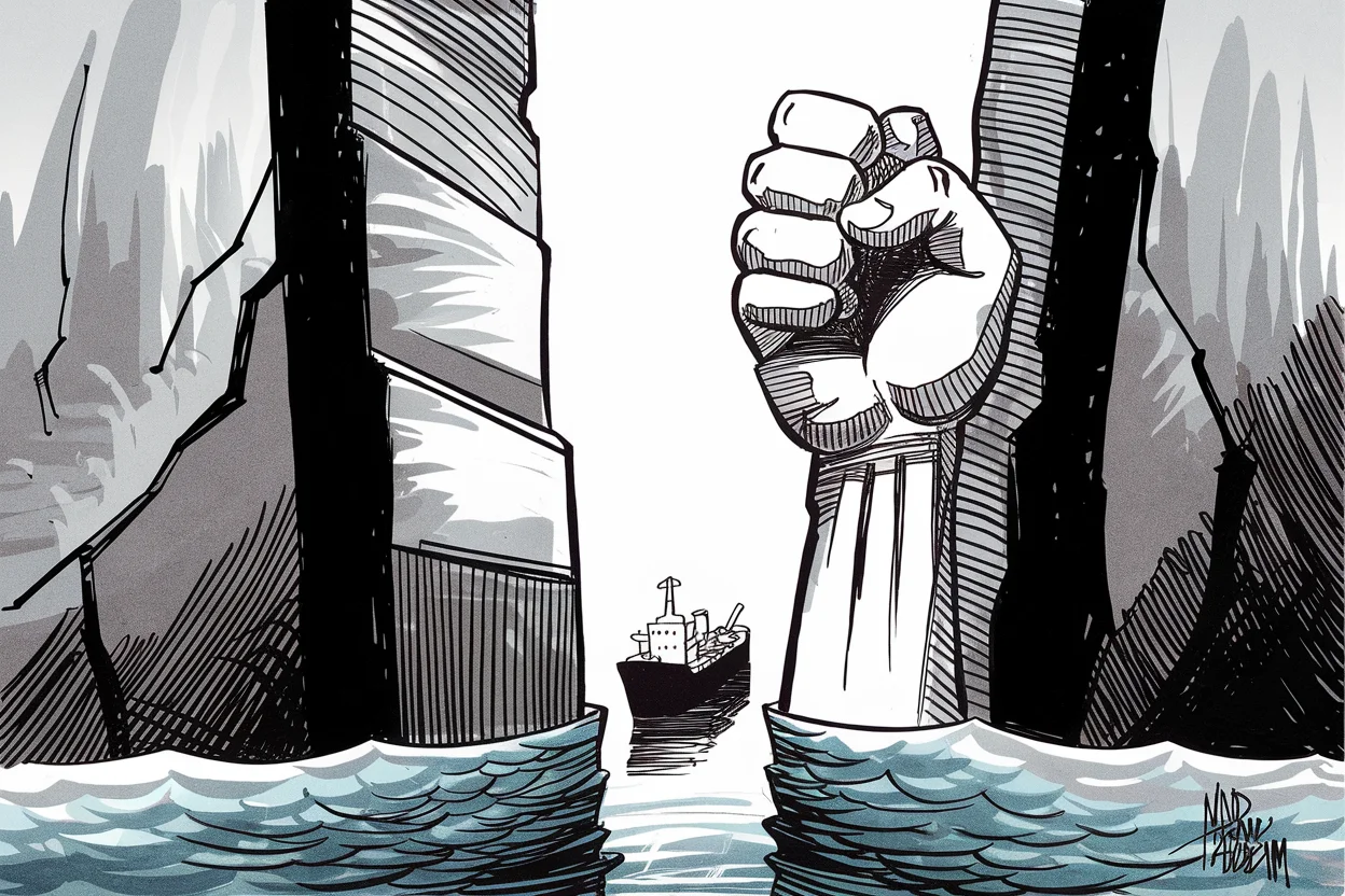 Editorial cartoon based on: Iran's supreme leader defies US blockade and vows to protect nuclear and missile capabilities