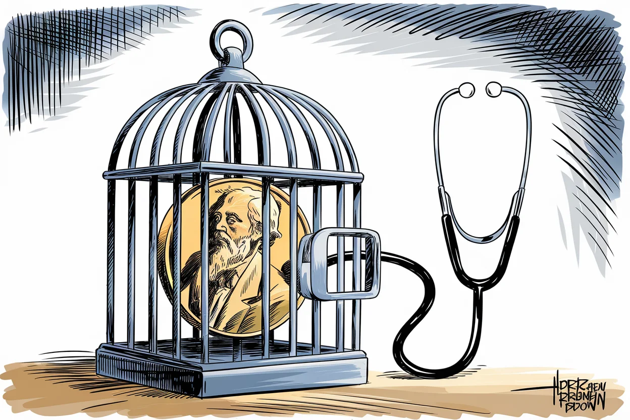 Editorial cartoon based on: Iranian Nobel laureate Narges Mohammadi hospitalised in critical condition as family warns care may come 'too late'