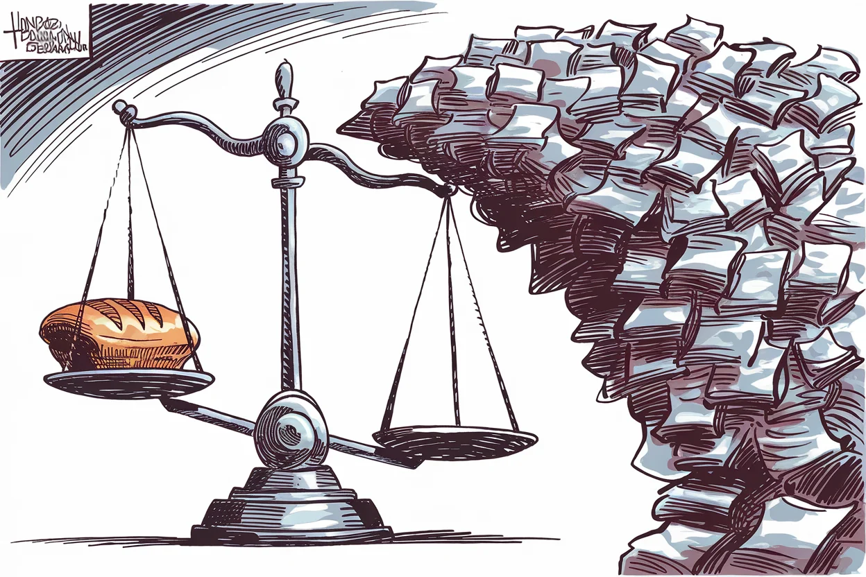 Editorial cartoon based on: Iran's food inflation soars past 100 percent as US blockade tightens economic pressure