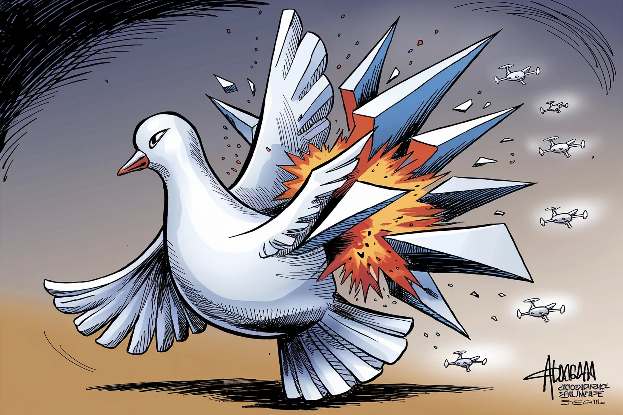 Editorial cartoon based on: Three-day Ukraine ceasefire ends with Russian drone barrage and strikes on energy infrastructure