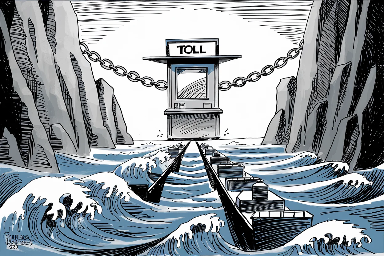 Editorial cartoon based on: Oman caught in crossfire as Iran claims joint management of Strait of Hormuz