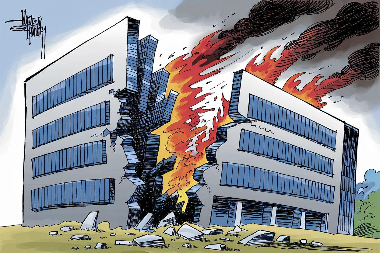 Editorial cartoon based on: UN chief warns of 'dangerous erosion' of world order as conflicts and divisions mount