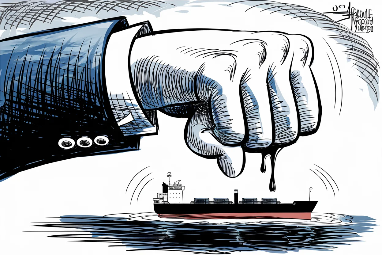 Editorial cartoon based on: Trump threatens to 'blow up' US ally Oman over Strait of Hormuz control