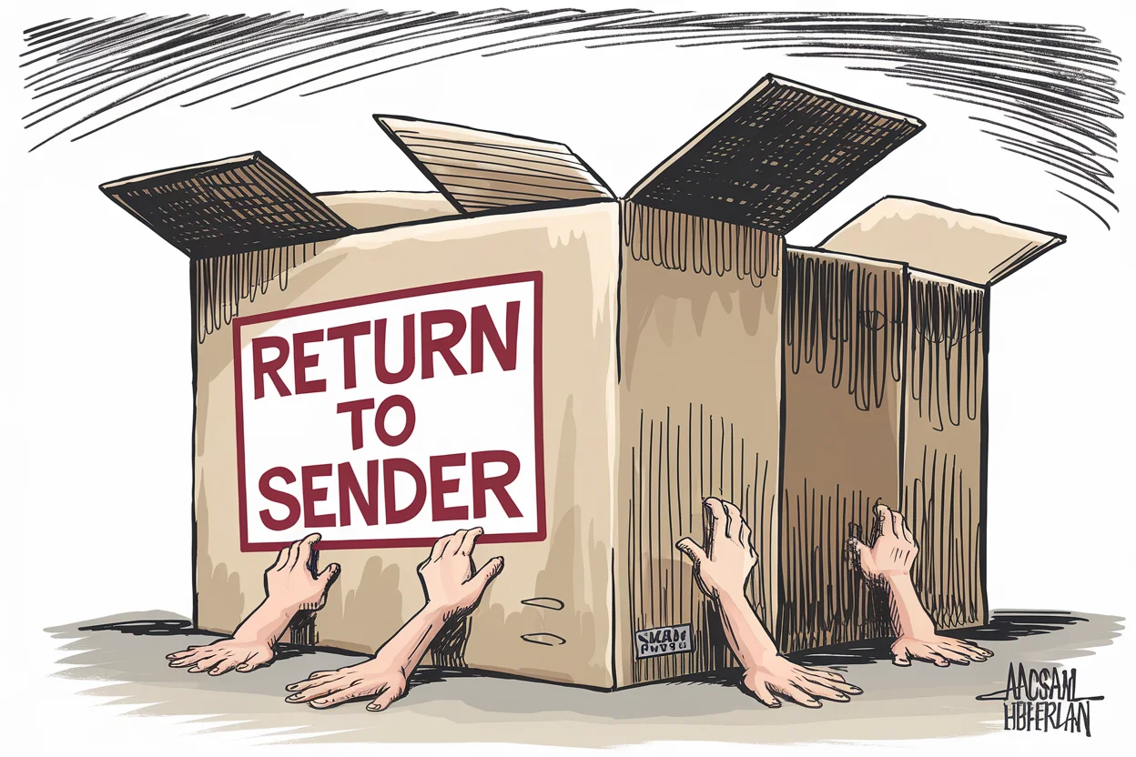 Editorial cartoon based on: EU seals deal on migration overhaul including deportation centres outside its borders