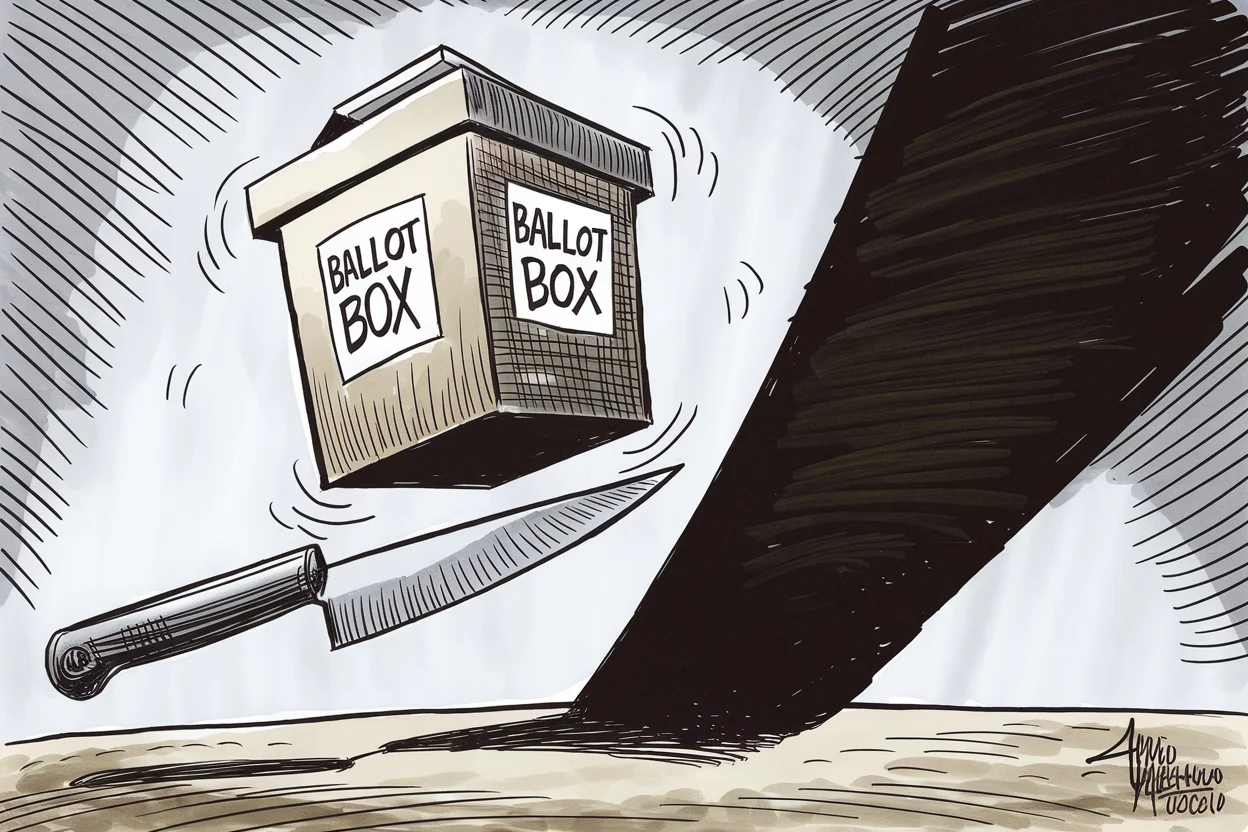 Editorial cartoon based on: German city narrowly avoids electing neo-Nazi mayor by just 500 votes