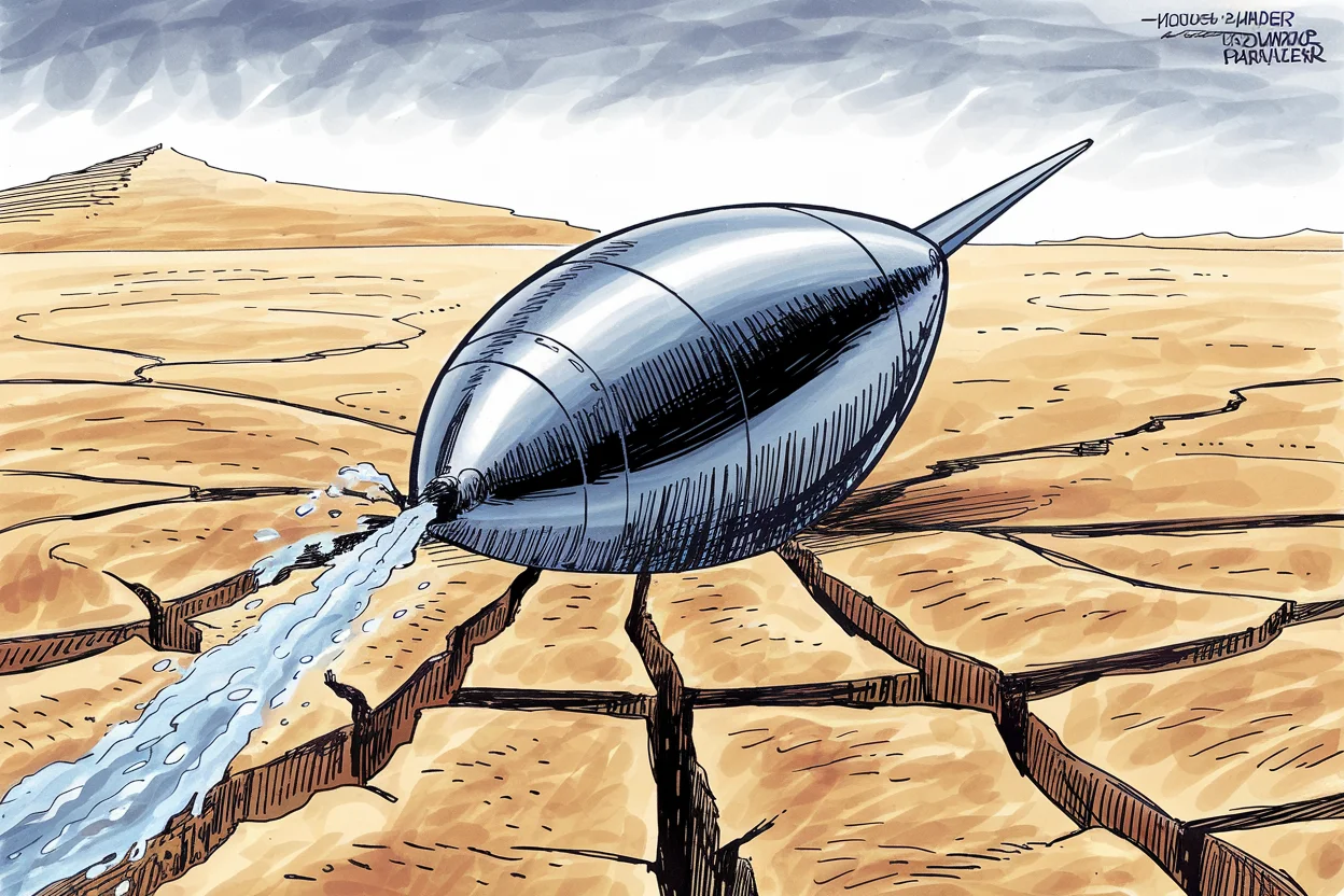 Editorial cartoon based on: US strike on Iranian water facility may constitute war crime, experts warn