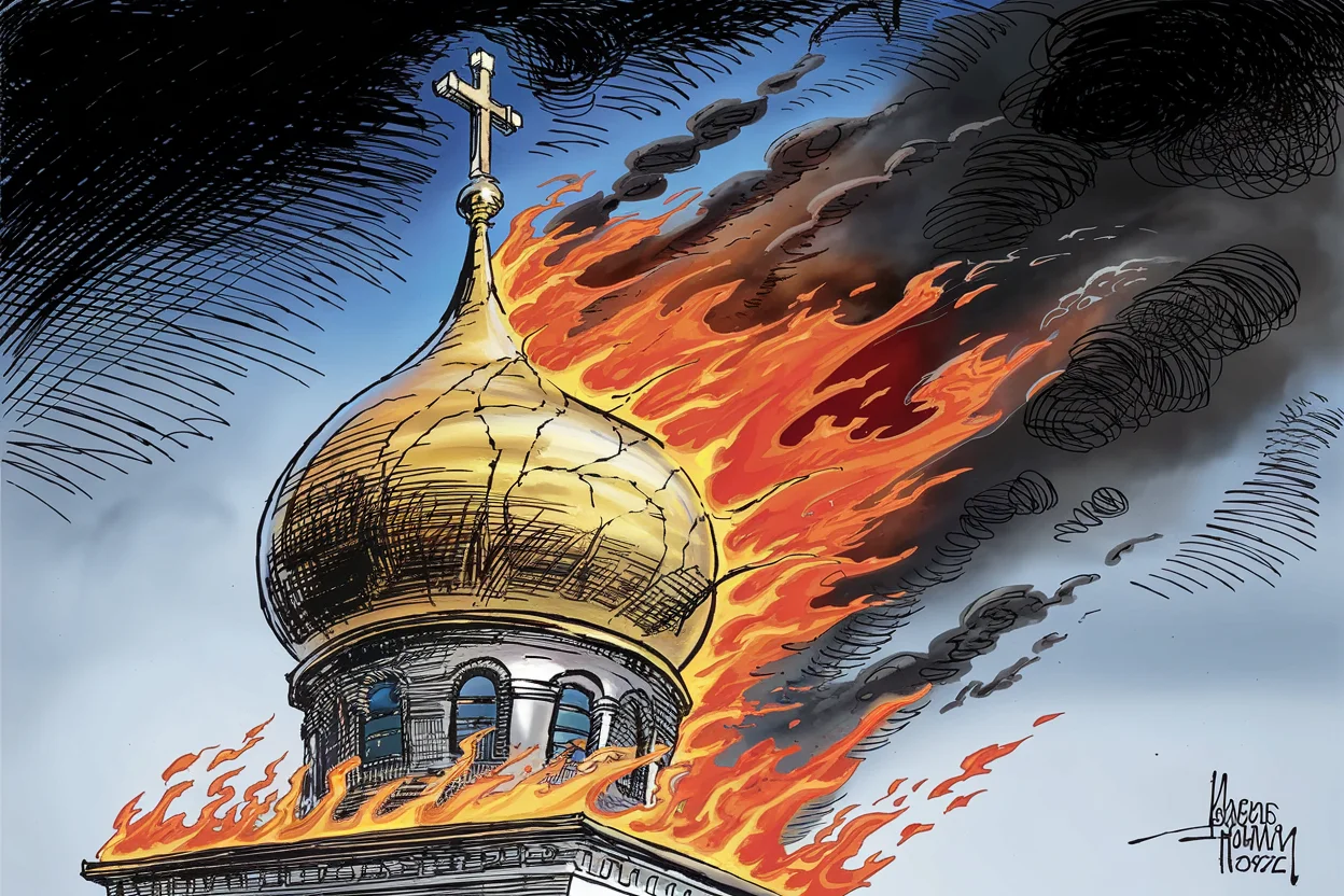 Editorial cartoon based on: Russia launches massive attack on Ukraine, setting historic Kyiv monastery ablaze