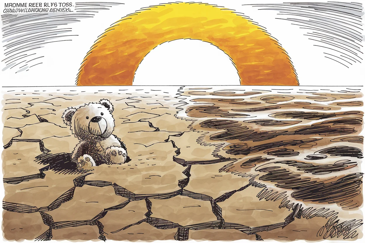 Editorial cartoon based on: Half of world's children face multiple climate hazards simultaneously, UNICEF warns