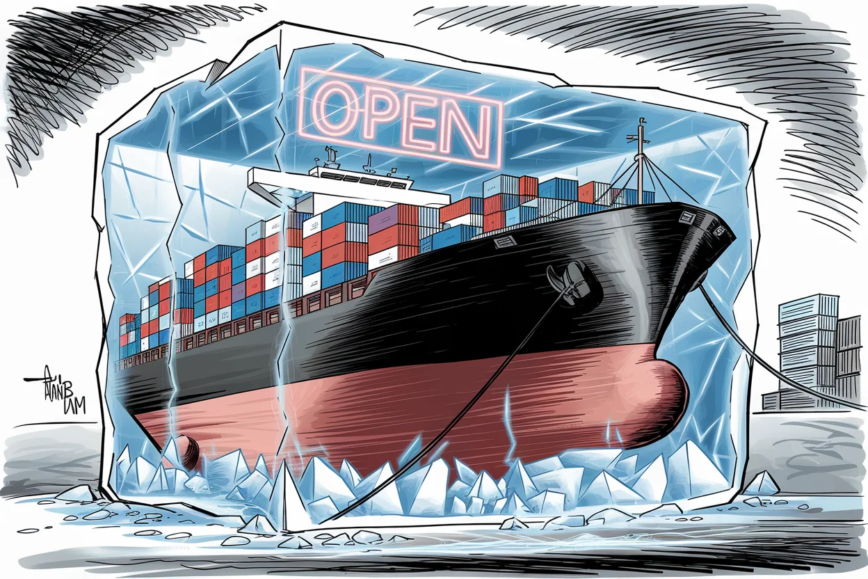 Editorial cartoon based on: Ships trickle through Strait of Hormuz as key details of US-Iran deal remain unresolved