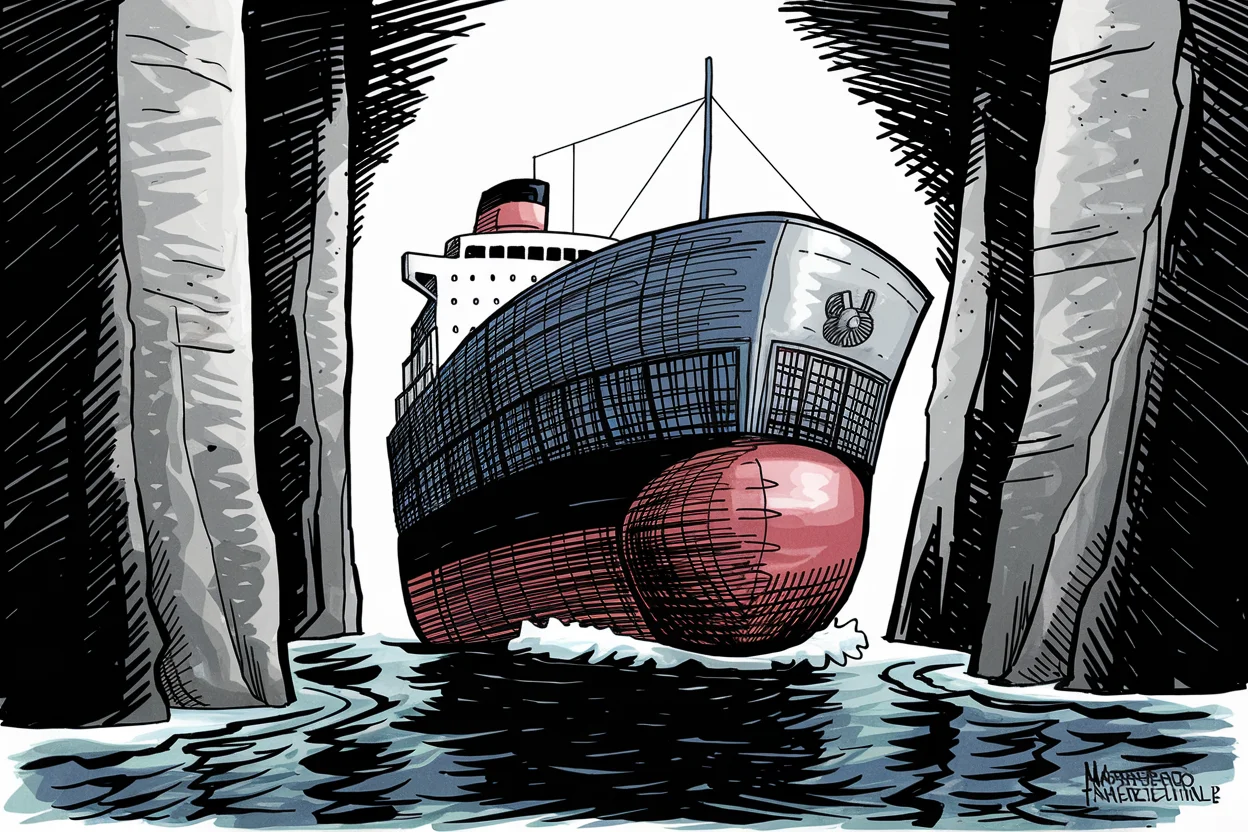 Editorial cartoon based on: Strait of Hormuz closure clouds Iran-US peace talks as shipping stalls