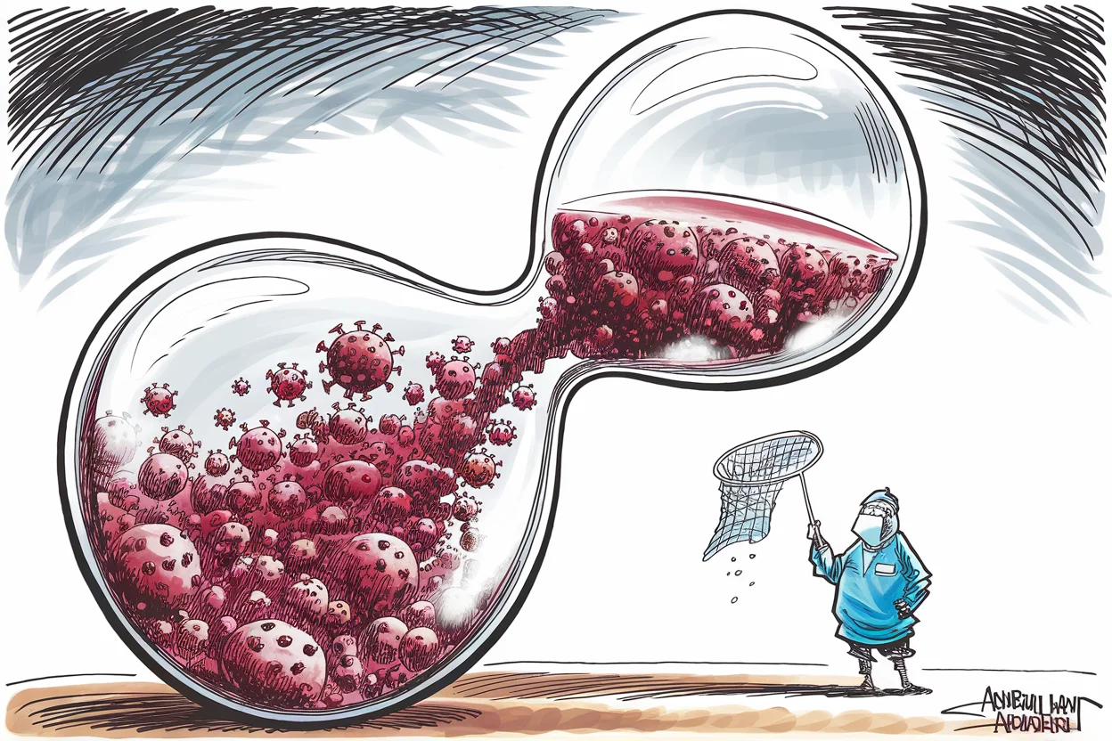 Editorial cartoon based on: DRC Ebola outbreak surpasses 1,000 confirmed cases with 254 deaths as response struggles to keep pace