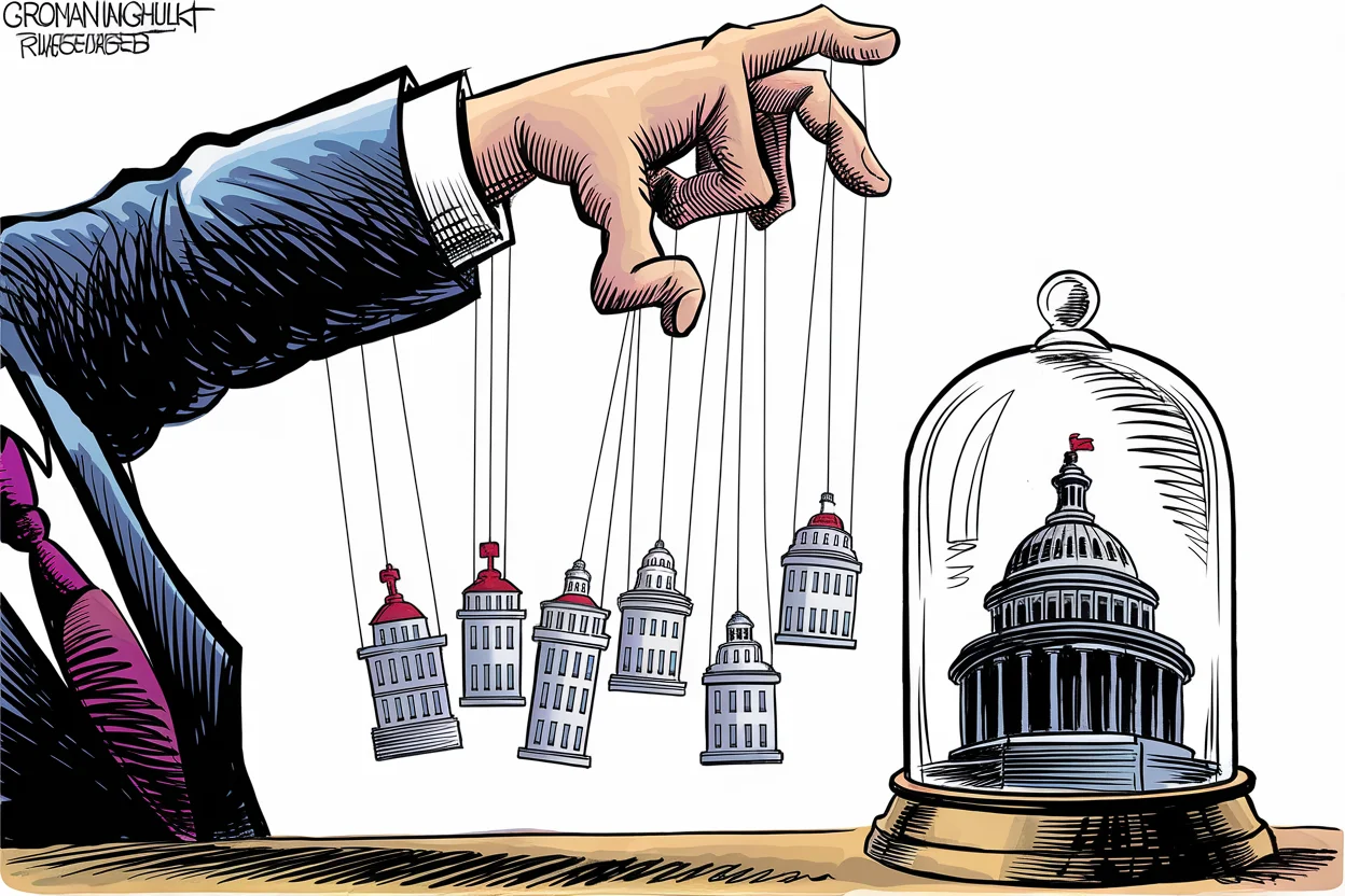 Editorial cartoon based on: Supreme Court expands presidential power over federal agencies but shields Federal Reserve from Trump's reach