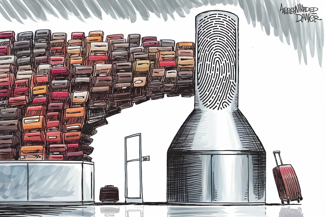 Editorial cartoon based on: EU's new digital border system triggers travel chaos as summer peak approaches