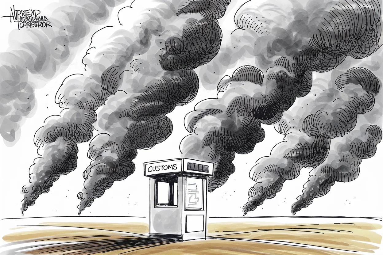 Editorial cartoon based on: Trump threatens Canada with steeper tariffs over wildfire smoke, calling pollution 'willful negligence'