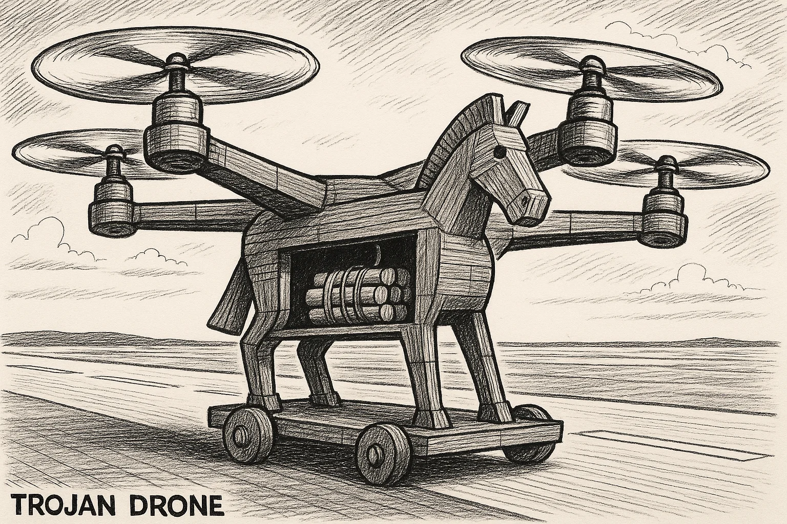 Editorial cartoon based on: Explosive-laden drone found near Ukrainian aircraft at Leipzig airport in suspected Russian sabotage plot