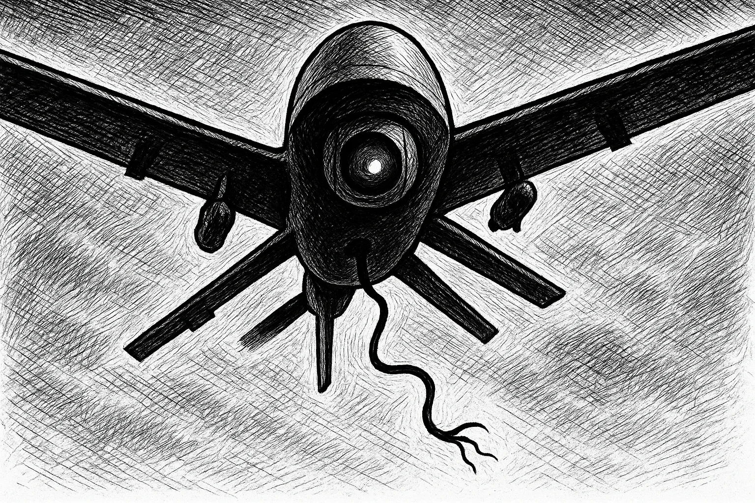 Editorial cartoon based on: Russia deploys AI-enabled autonomous drone in attack that killed Ukrainian civilians, raising alarm over 'killer drones'