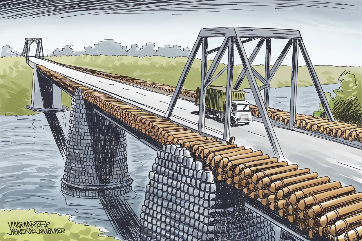 Editorial cartoon based on: Russia and North Korea open first road bridge across shared border