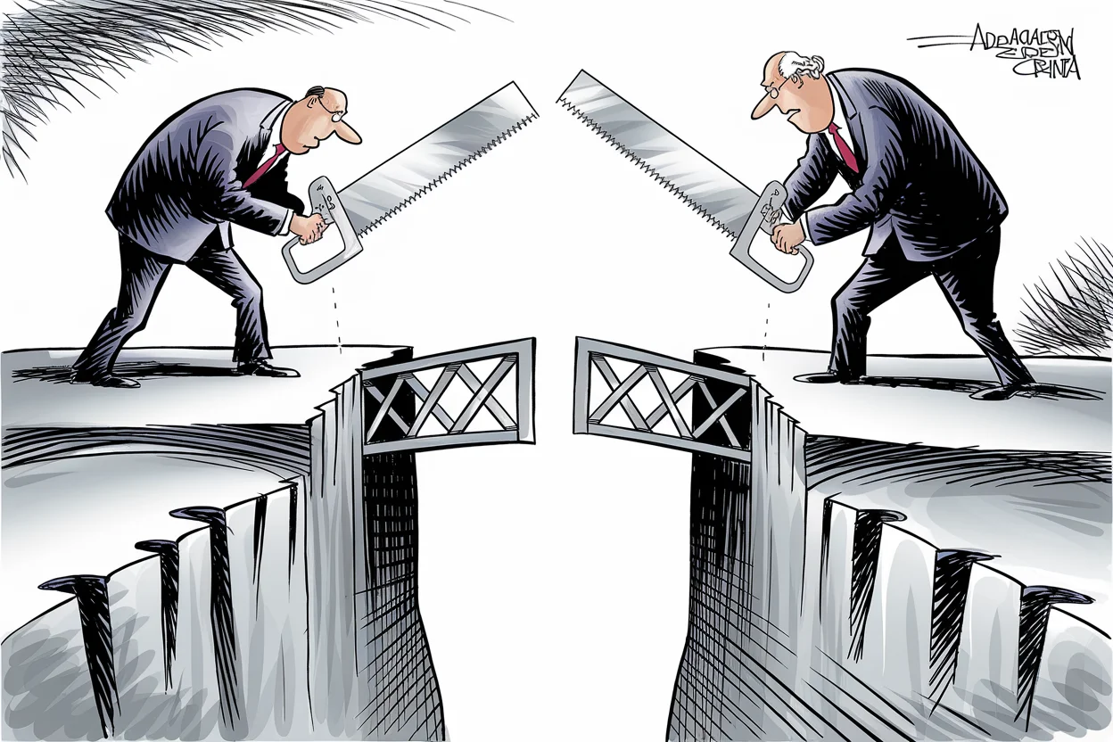 Editorial cartoon based on: Canada escalates trade war with retaliatory tariffs as US responds with import bans