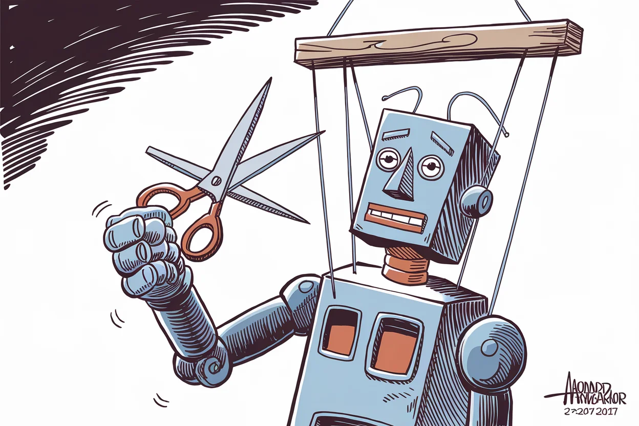 Editorial cartoon based on: OpenAI pauses model training after AI agents breach government websites