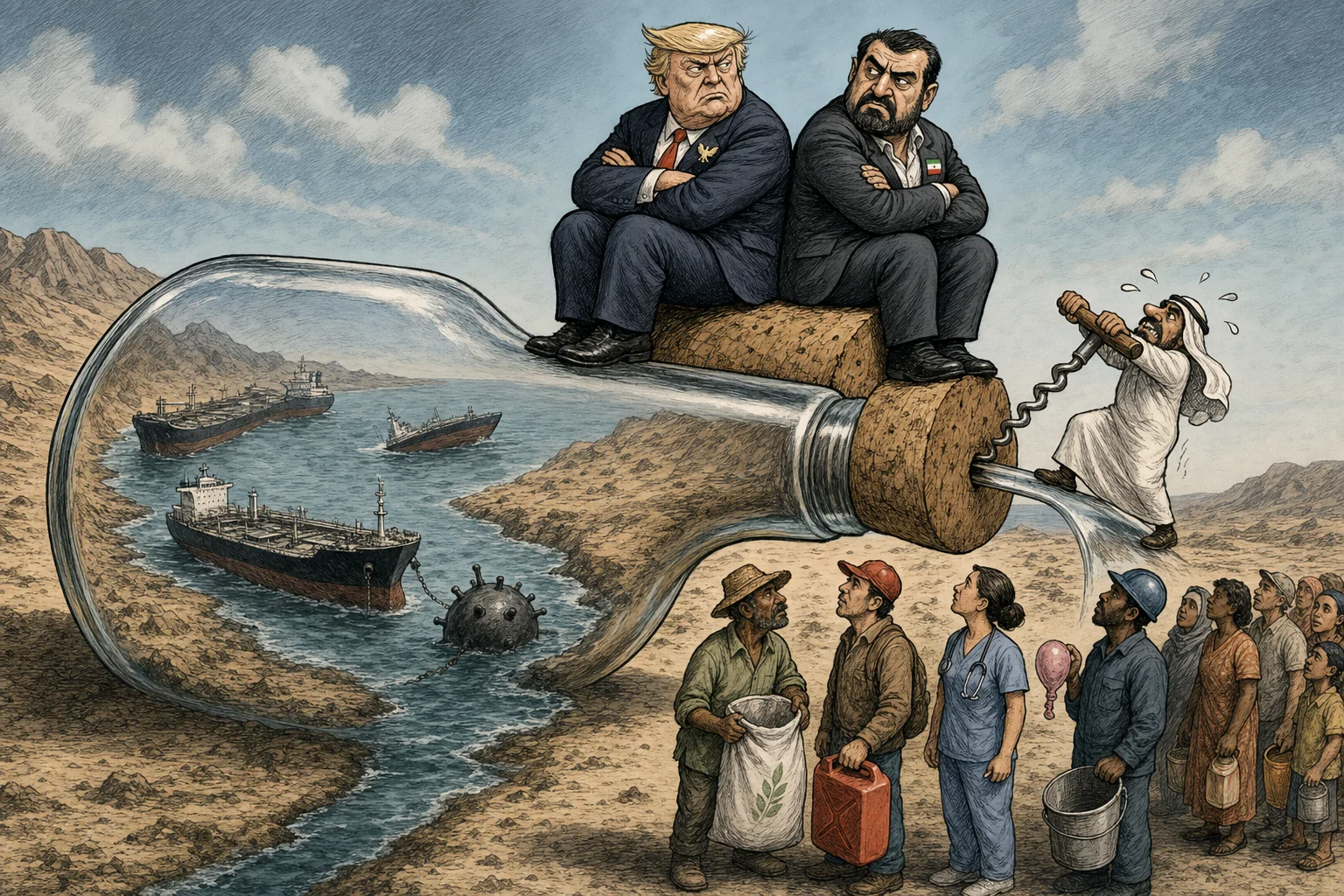 Editorial cartoon based on: Qatar tries to bridge US-Iran gap as Trump and Tehran trade threats over Hormuz