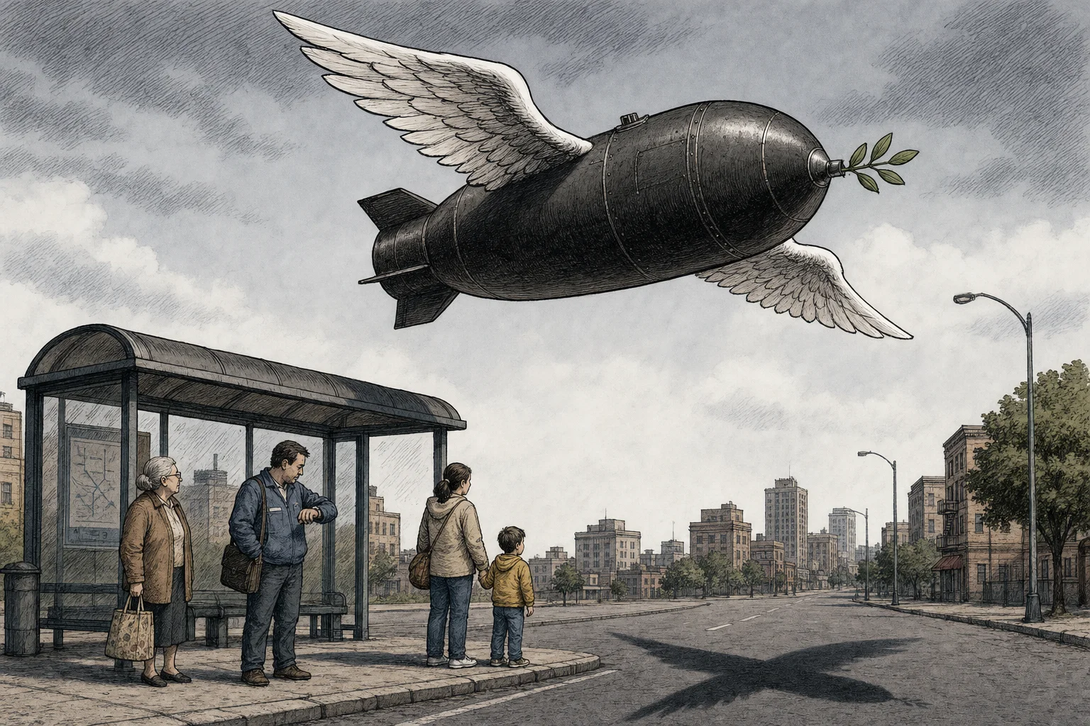 Editorial cartoon based on: Russian glide bomb kills at least 30 people near buses in Kramatorsk, eastern Ukraine