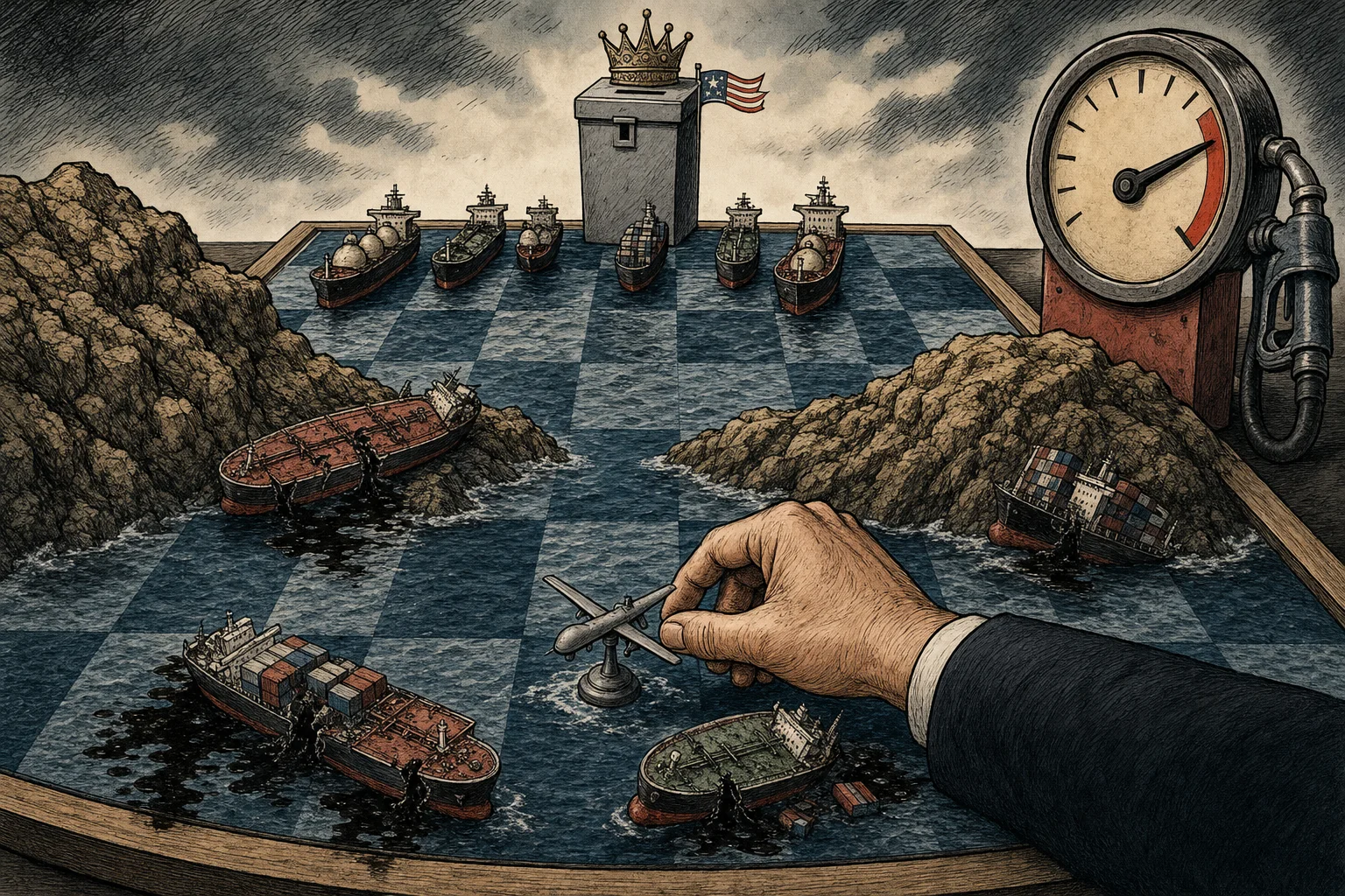 Editorial cartoon based on: Iran steps up attacks on shipping in Strait of Hormuz with new tactics, officials say