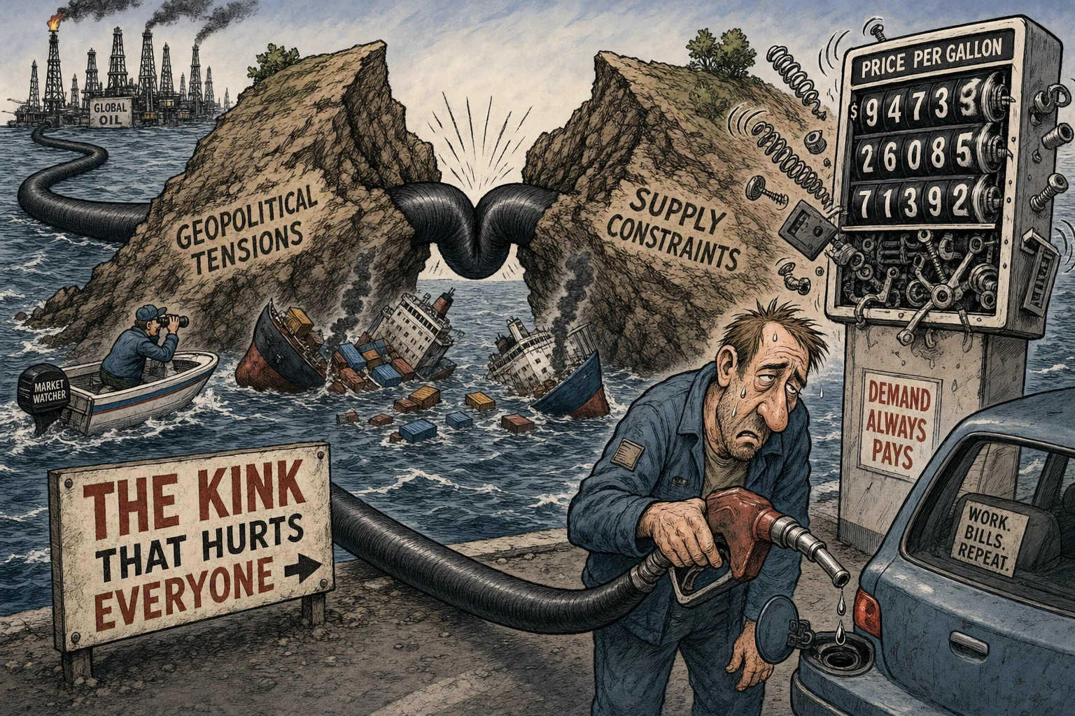 Editorial cartoon based on: Two ships sink near Strait of Hormuz as attacks on shipping surge
