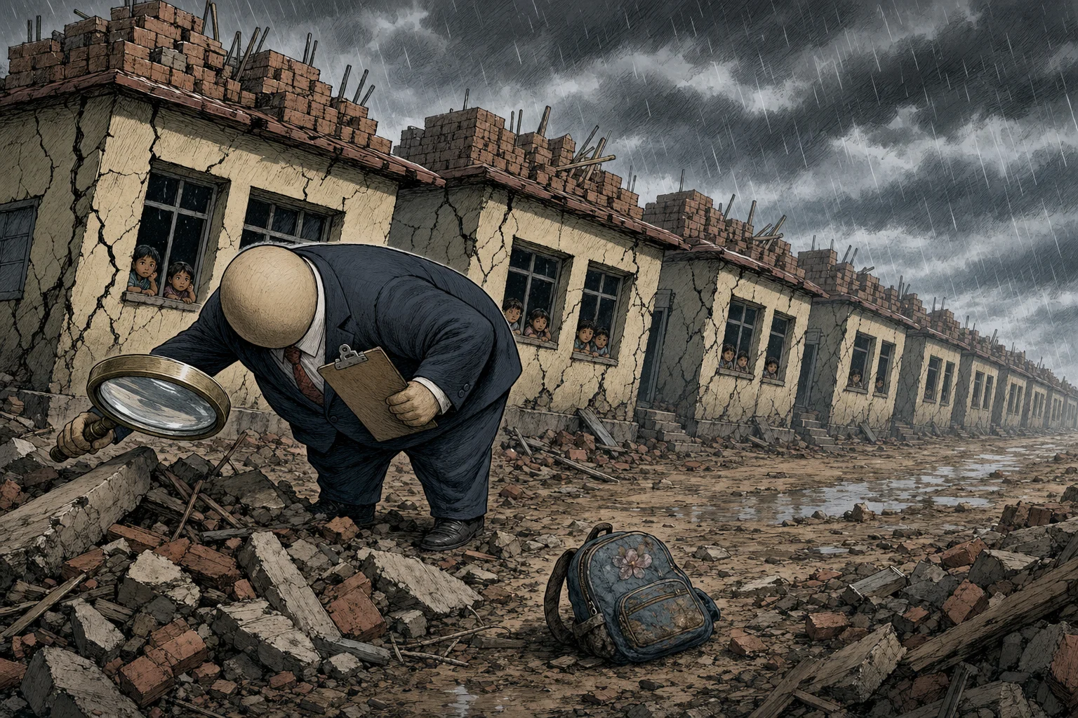 Editorial cartoon based on: School roof collapse in Peshawar kills dozens of children and a teacher