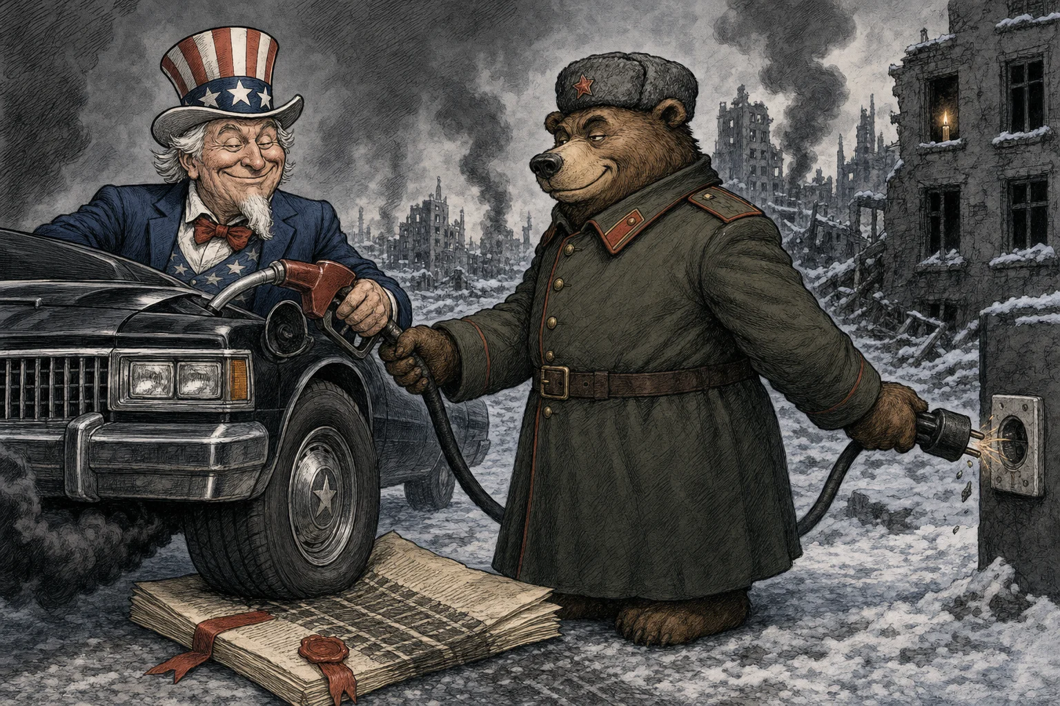 Editorial cartoon based on: Trump waives Russia sanctions as ties with Ukraine deteriorate